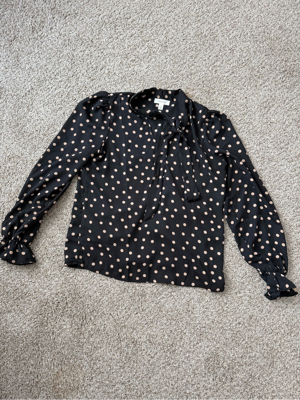 Polka Dot Tie-Neck Blouse - Black with Cream Dots